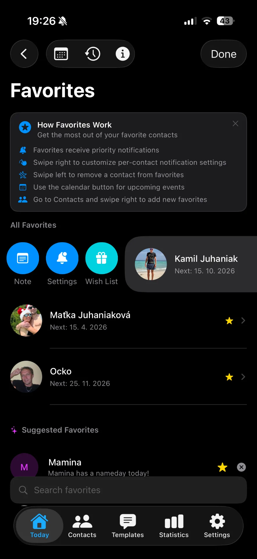 Gratulant favorites feature for VIP contact reminders
