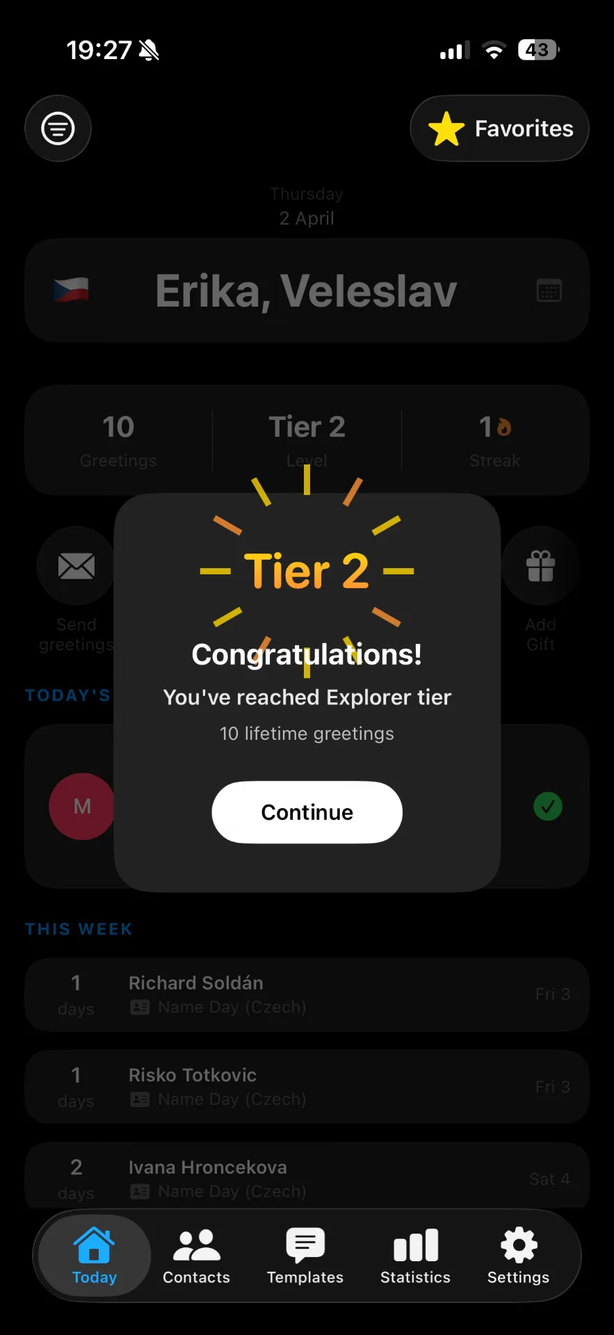 Gratulant gamification tier system for birthday greetings