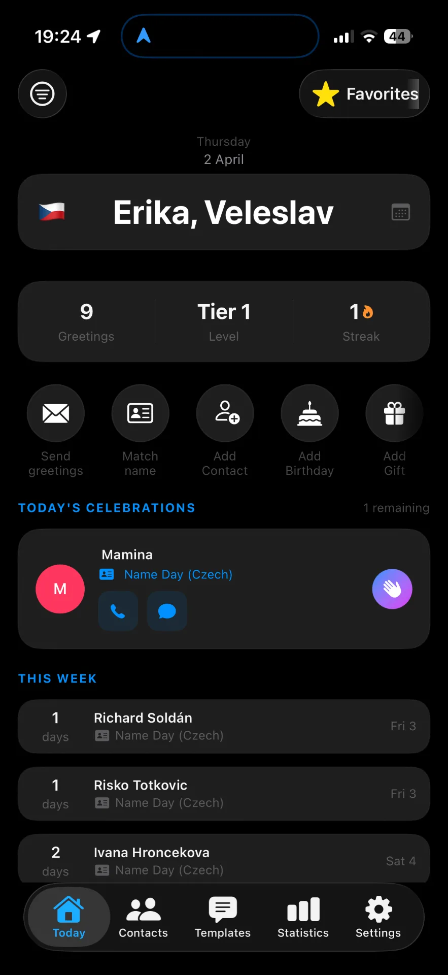 Gratulant birthday reminder app home screen with daily celebration summary